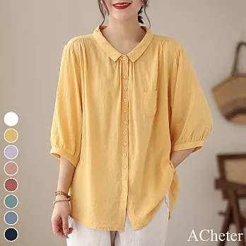 【ACheter】 襯衫七分袖上衣暗格時尚薄款洋氣純色棉麻寬鬆短版襯衫# 117372 M 黃色