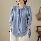 【ACheter】 襯衫七分袖上衣暗格時尚薄款洋氣純色棉麻寬鬆短版襯衫# 117372 M 藍色