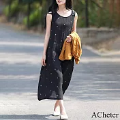【ACheter】 棉麻黑色波點背心長裙寬鬆文藝通勤百搭連身裙氣質背心洋裝# 117373 M 黑色