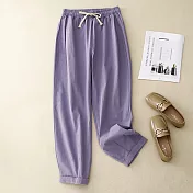 【ACheter】 棉麻闊腿老爹褲純色長褲鬆緊腰簡約寬鬆九分褲# 117378 M 紫色
