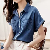 【ACheter】 牛仔襯衫短袖寬鬆上衣天絲感夏薄短版襯衫# 117380 XL 深藍色