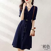 【初色】短袖半開領純色顯瘦腰帶中長裙連衣裙洋裝-藏藍色-67982(M-2XL可選) M 藏藍色
