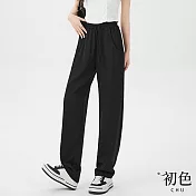 【初色】寬鬆休閒鬆緊帶運動口袋長褲寬褲-共5色-68042(M-XL可選) XL 黑色