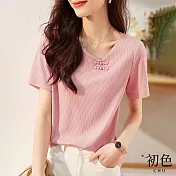 【初色】不規則領盤扣T恤上衣-粉色-66684(M-2XL可選) XL 粉色