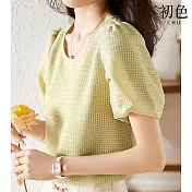 【初色】圓領肌理感短袖純色上衣-黃綠色-66689(M-2XL可選) XL 黃綠色