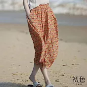 【初色】復古棉麻風碎花印花鬆緊腰半身裙-橘色-67042(M-2XL可選) XL 橘色