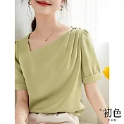 【初色】素色方領寬鬆摺皺泡泡繡T恤上衣-綠色-66735(M-2XL可選) M 綠色