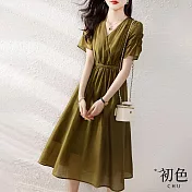 【初色】素色V領法式收腰休閒連身洋裝-棕綠色-67112(M-XL可選) M 棕綠色