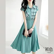 【初色】韓系圓領短袖高腰A字裙拼接洋裝-綠色-67120(M-2XL可選) M 綠色