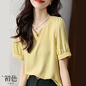 【初色】鏤空短袖雪紡T恤上衣-黃色-66713(M-2XL可選) M 黃色