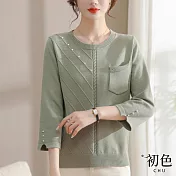 【初色】素色圓領釘珠裝飾胸前口袋設計針織上衣-共4色-66780(F可選) F 淡綠色