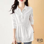 【初色】收腰顯瘦花紋襯衫領長袖上衣-白色-67055(M-2XL可選) M 白色