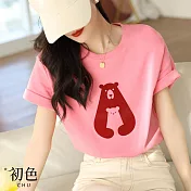 【初色】熊抱印花圓領短袖T恤上衣-共3色-66762(M-2XL可選) L 粉色