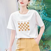 【初色】圓領撞色字母棋盤格短袖T恤上衣-共2色-66769(M-2XL可選) M 白色