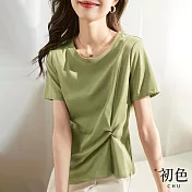 【初色】圓領素色腰部褶皺設計T恤上衣-綠色-67104(M-2XL可選) M 綠色