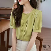 【初色】簡約圓領壓褶泡泡袖T恤上衣-綠色-67105(M-2XL可選) M 綠色