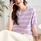 【初色】寬鬆圓領薄款條紋拼接休閒短袖針織衫上衣-淡紫色-67771(F可選) F 淡紫色