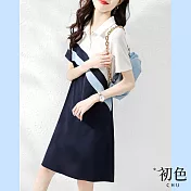 【初色】翻領拼接條紋連身洋裝-藏青色-62313(M-2XL可選) L 藏青色