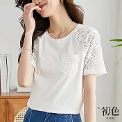 【初色】圓領蕾絲鏤空造型落肩袖T恤上衣-共3色-66947(M-2XL可選) M 白色