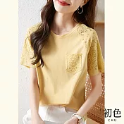 【初色】圓領蕾絲鏤空造型落肩袖T恤上衣-共3色-66947(M-2XL可選) M 黃色