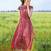 【初色】盤扣棉麻風碎花印花短袖洋裝-紅色-62737(M-2XL可選) L 紅色