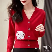 【初色】立體山茶花刺繡造型鈕扣針織毛衣開衫上衣-共4色-66850(F可選) F 紅色