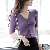 【初色】簡約V領薄款短袖針織開衫上衣-共2色-66832(F可選) F 紫色