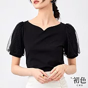 【初色】韓版V領泡泡繡休閒簡約T恤上衣-黑色-66930(M-2XL可選) M 黑色