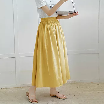 【ACheter】 樂天 鮮豔的彩色棉質長裙半身裙純棉喇叭褶大擺裙# 117309 FREE 黃色