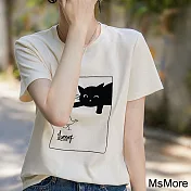 【MsMore】 貓咪控圓領植絨定制字母短袖T恤短版大碼上衣 117408 L 米色