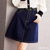 【MsMore】 靛藍復古牛仔深藍天絲光澤質感 撞色線高腰A形半身裙# 117390 L 藍色