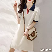 【MsMore】 米白學院風減齡POLO領連身裙修身中長版洋裝# 117444 M 米白色