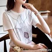 【MsMore】 優雅印花短袖T恤圓領氣質短版百搭顯瘦上衣# 117471 M 印花色