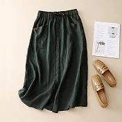 【ACheter】 A版顯瘦文藝棉麻鬆緊高腰百搭口袋中長裙# 117480 XL 墨綠色