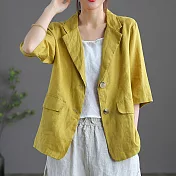 【ACheter】 原創純色棉麻西裝夏季新款復古文藝百搭七分袖小外套# 117486 XL 黃色