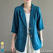 【ACheter】 原創純色棉麻西裝夏季新款復古文藝百搭七分袖小外套# 117486 M 藍色