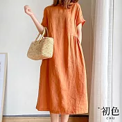 【初色】簡約寬鬆素色短袖棉麻風洋裝中長裙連身裙-共2色-67508(F可選) F 橘色