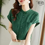 【初色】復古盤扣繡花襯衫短袖上衣-共2色-67541(M-2XL可選) XL 綠色