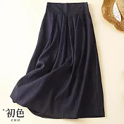 【初色】棉麻風復古純色半身裙-共5色-67562(M-2XL可選) XL 藍色