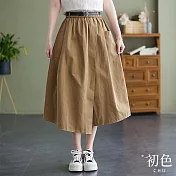 【初色】棉麻風拼接不對襯寬鬆大碼鬆緊腰半身裙-共3色-67569(M-2XL可選) XL 卡其色