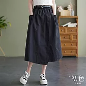 【初色】棉麻風拼接不對襯寬鬆大碼鬆緊腰半身裙-共3色-67569(M-2XL可選) XL 黑色