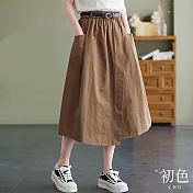 【初色】棉麻風拼接不對襯寬鬆大碼鬆緊腰半身裙-共3色-67569(M-2XL可選) XL 咖棕色