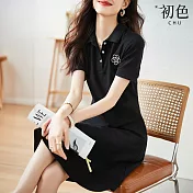 【初色】簡約襯衫領山茶花圖樣休閒運動風T恤連身洋裝-黑色-67570(M-2XL可選) M 黑色