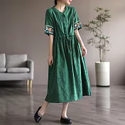 【ACheter】 民族風亞麻棉刺繡連身裙氣質短袖收腰長裙子寬鬆森系洋裝# 117540 2XL 綠色