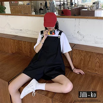 【Jilli~ko】夏季薄款高腰寬鬆工裝闊腿吊帶短褲 J10578  FREE 黑色