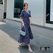 【Jilli~ko】V領寶藍碎花縮腰顯瘦桔梗連衣裙 J9989  FREE 藍色