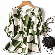 【初色】圓領撞色拼接幾何圖形印花雪紡短袖T恤上衣-共2色-68223(M-2XL可選) M 綠色