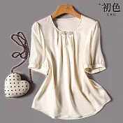 【初色】短袖圓領素色泡泡袖氣質T恤上衣-共2色-68226(M-2XL可選) M 米白色