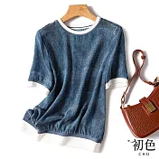 【初色】寬鬆大碼休閒拼接圓領短袖T恤上衣-藍色-68225(M-2XL可選) M 藍色