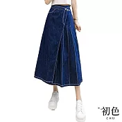 【初色】寬鬆百褶拼接不規則下擺休閒牛仔半身裙-藍色-68193(M-2XL可選) XL 藍色
